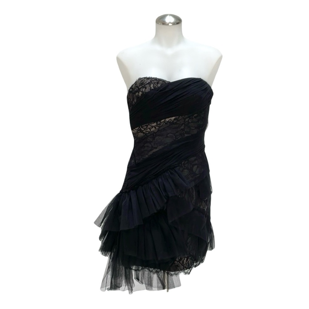 BCBGMAXAZRIA Runway Black Lace Chiffon Ruffle One Shoulder Dress Sz 6 - Picture 6 of 9